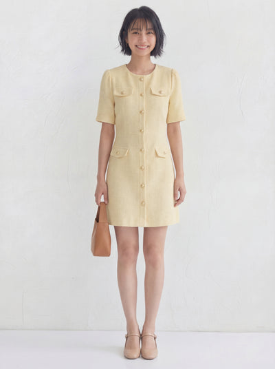 圓領排扣 立體口袋 修身A字短袖洋裝