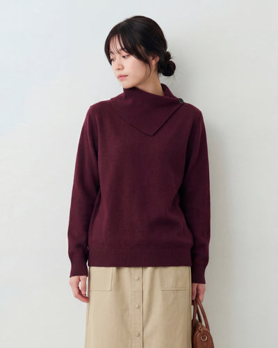 斜翻領單肩扣針織衫-栗紅色-2XL