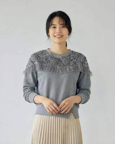 亮片拼接木耳荷葉邊衛衣