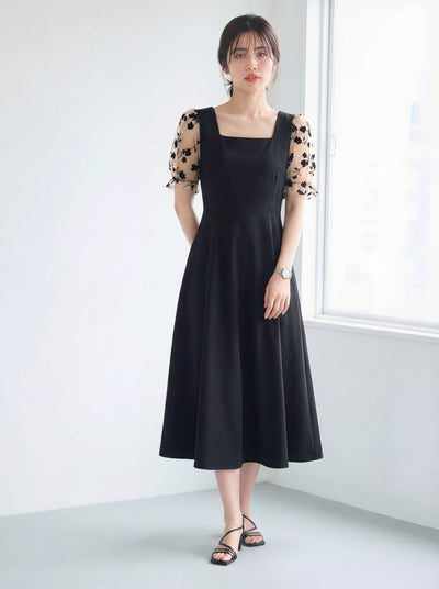 方領收腰A字大擺網紗泡泡袖黑色洋裝-黑色-4XL
