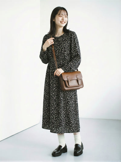 V領收腰分層裙擺碎花洋裝