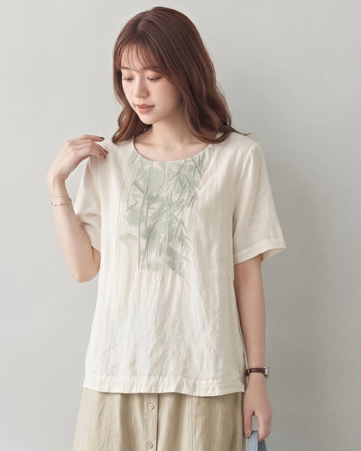方領刺繡寬鬆T恤-米色-3XL