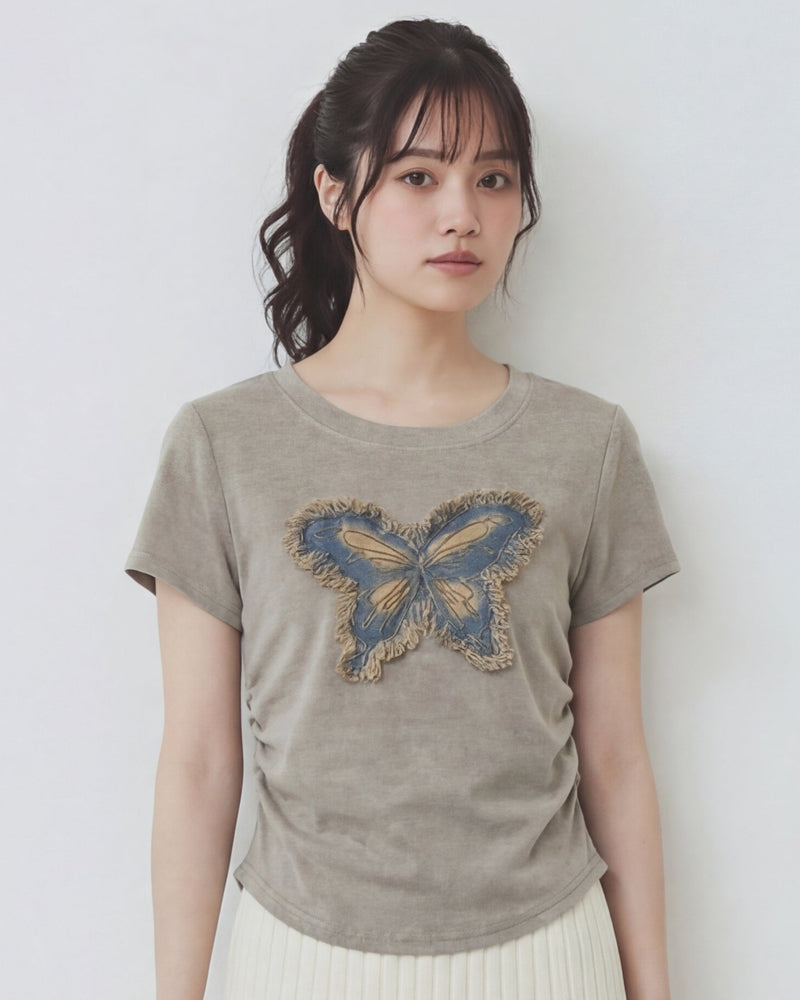 蝴蝶立體毛邊貼布 圓領短袖T恤-淺米色-5XL