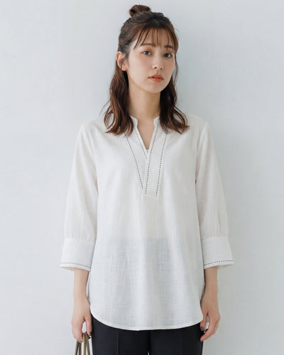 立領V領鏤空車線七分袖襯衫-白色-2XL