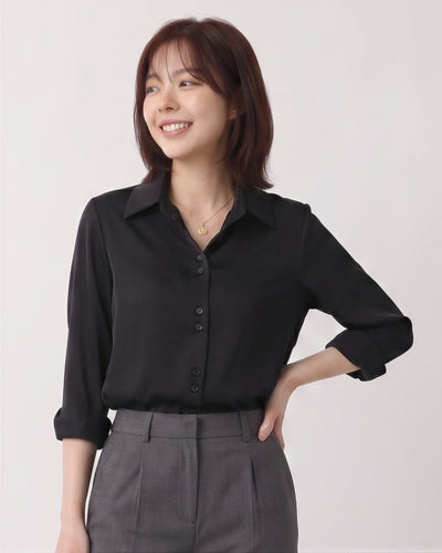 S-2XL 黑色翻領排扣修身襯衫
