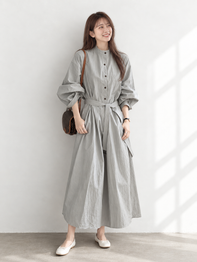 「秋季新品 」M-L 立領綁帶寬鬆襯衫洋裝
