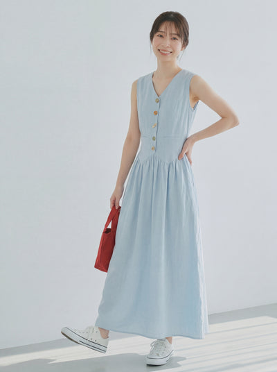 V領排扣收腰大擺無袖洋裝