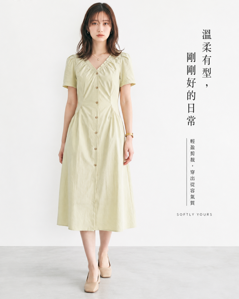 錦棉洗水襯衣布料 | 褶皺V領收腰排釦洋裝