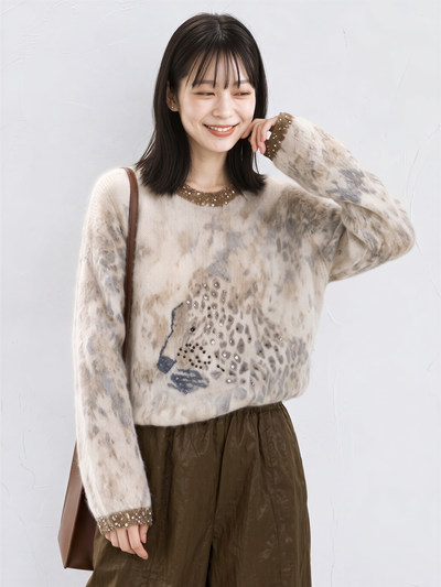 「秋季新品 」豹紋提花亮飾針織衫