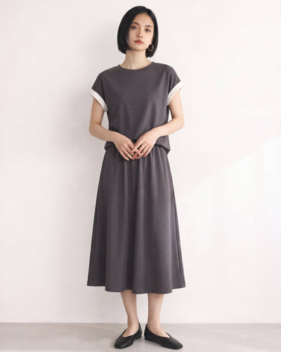 M-2XL 全棉捲邊短袖+A字半裙兩件套