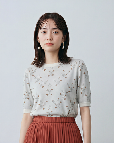 小碎花提花泡泡袖針織上衣