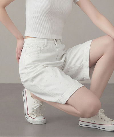 高腰寬褲管五分彩點牛仔短褲