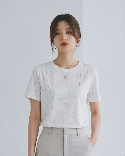 直向亮片點綴 圓領直筒短袖T恤