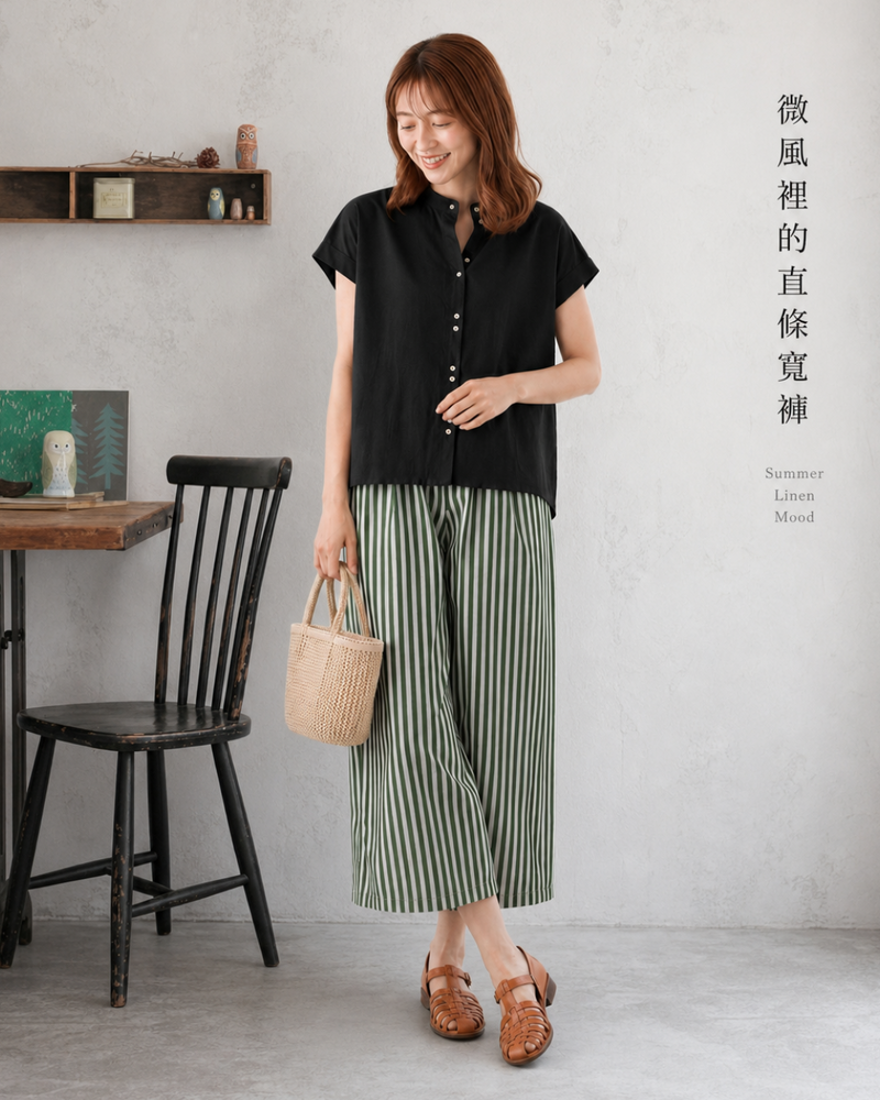 「兩色」短袖上衣+寬褲九分褲套裝
