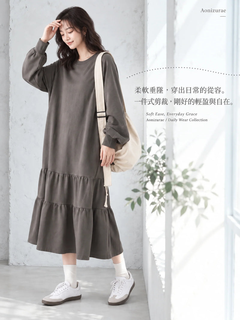 「秋季新品 」「3色」M-L 寬鬆落肩荷葉擺衛衣洋裝