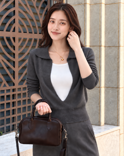 「兩色」「秋季新品 」 S-XL 翻領深V拼接 | 收腰假兩件針織衫