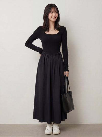 方領收腰拼接長擺針織連身裙