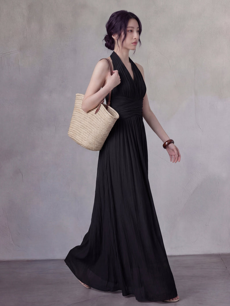 交叉V領褶皺收腰無袖長版洋裝