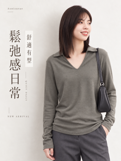 「秋季新品 」「兩色」翻領V領修身長袖T恤
