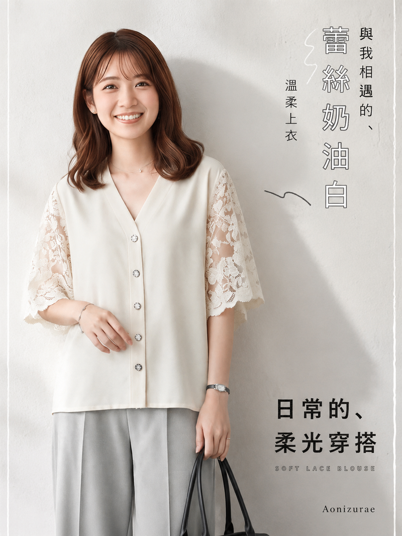 V領蕾絲喇叭袖襯衫