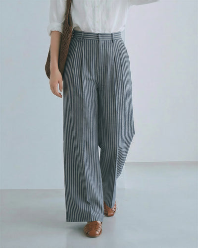 細直條壓褶高腰寬褲