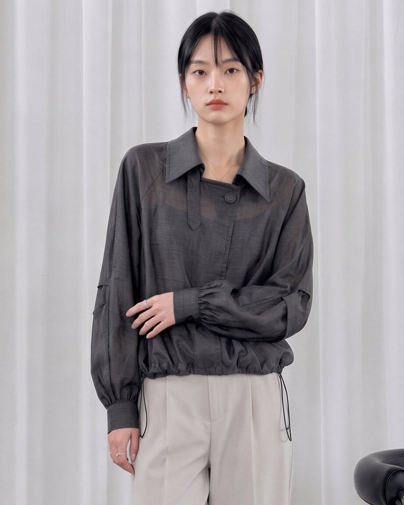 L-3XL 灰色抽繩收腰斜襟襯衫