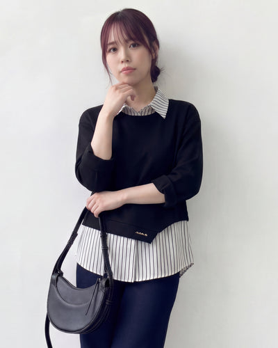 條紋襯衫領拼接 不對稱下擺假兩件衛衣-黑色-2XL