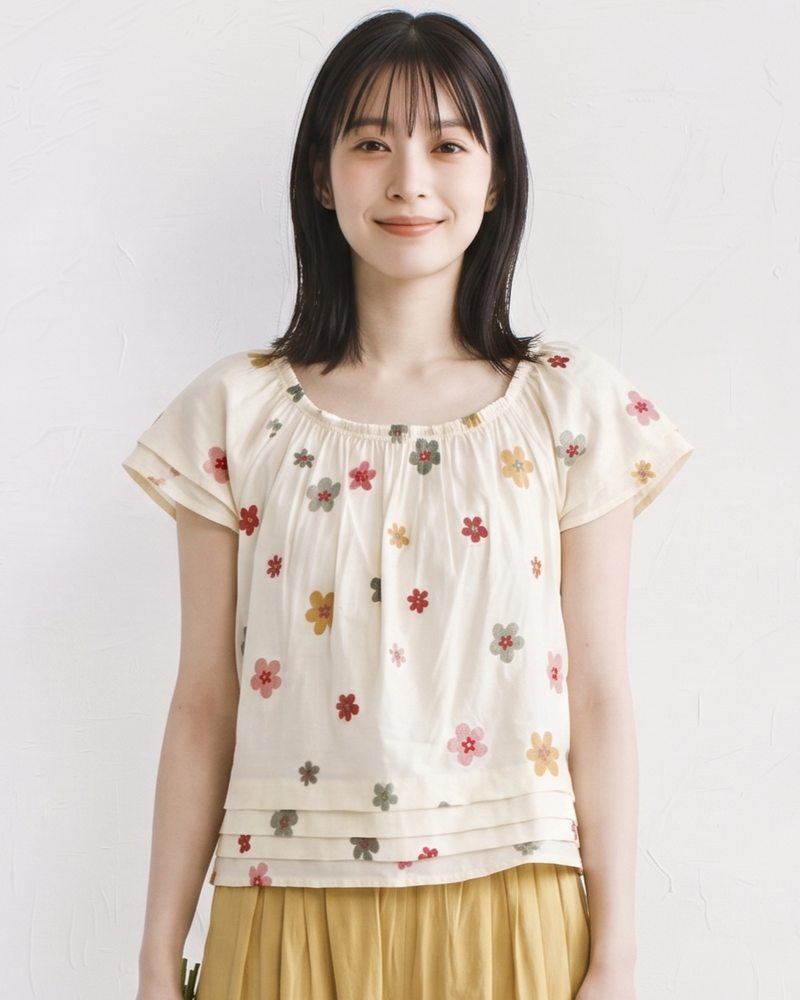 S-L 清凉夏日 | 碎花圖案 法式短袖層次襯衫