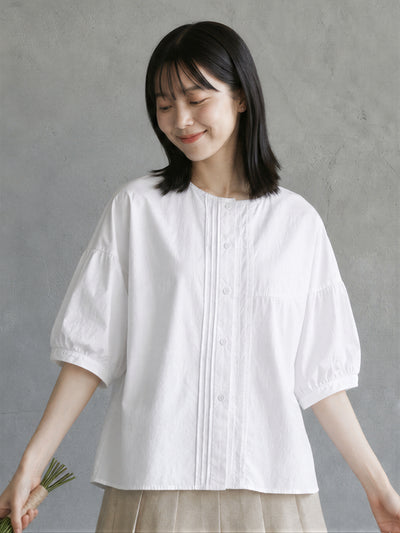 圓領壓褶泡泡袖襯衫-白色-2XL