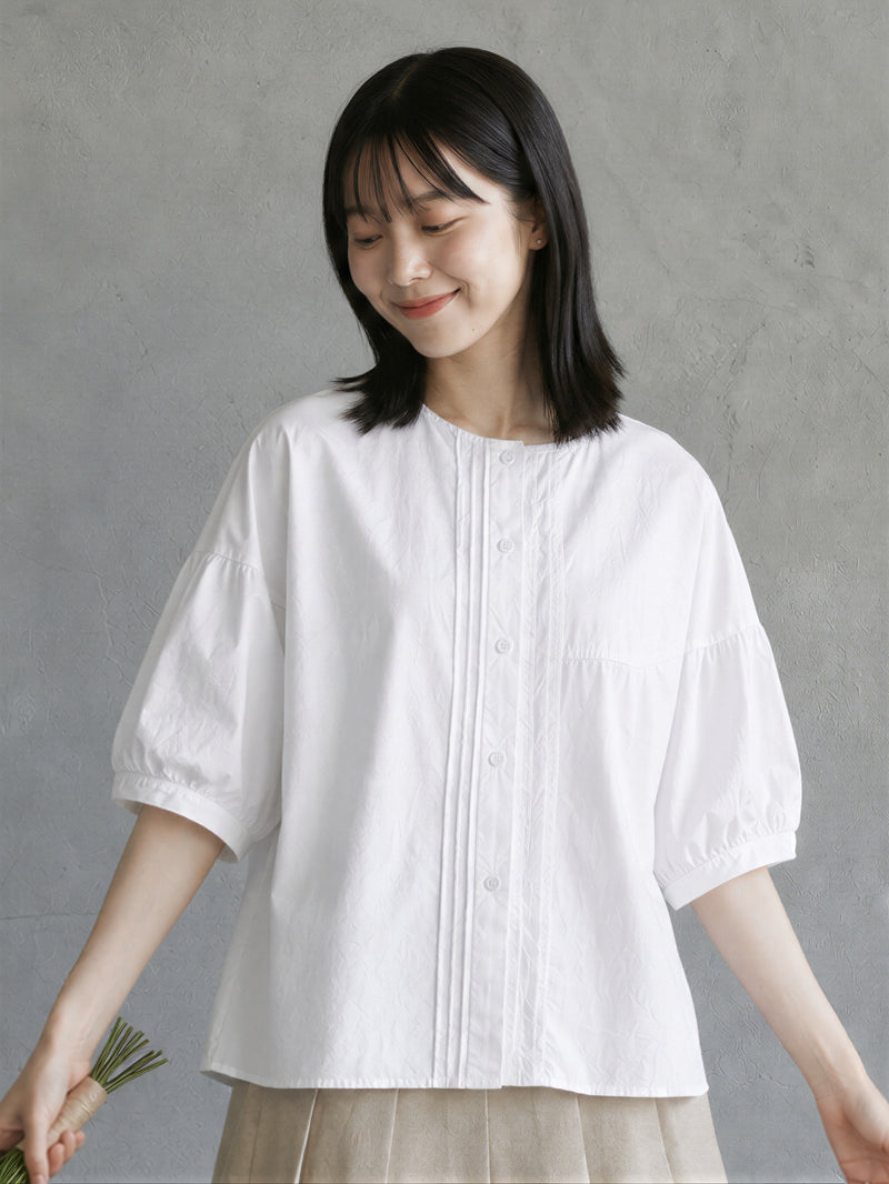 圓領壓褶泡泡袖襯衫-白色-2XL