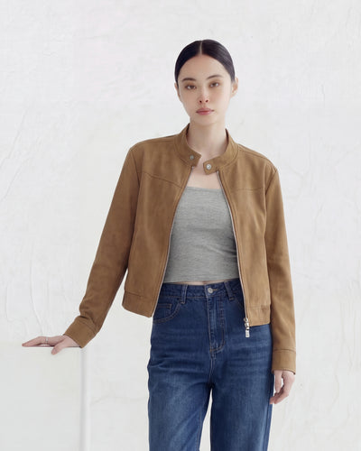 立領金屬扣短版拉鍊夾克-卡其棕色-2XL