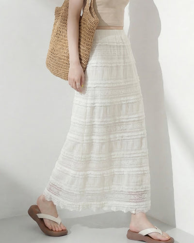 橫向蕾絲拼接 直筒高腰 蕾絲半身裙