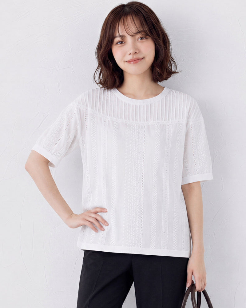 壓褶拼接鏤空紋理短袖襯衫-白色-2XL
