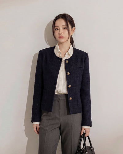 圓領粗花呢金屬扣短外套