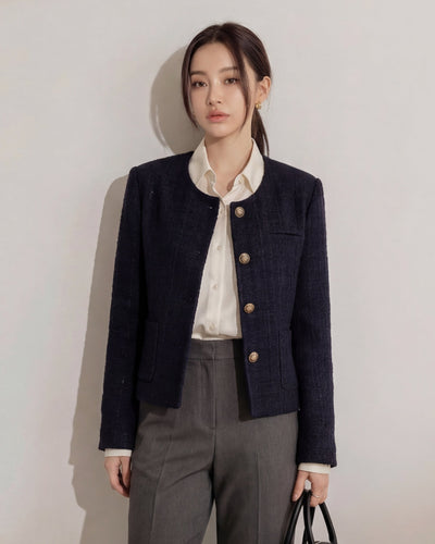 圓領粗花呢金屬扣短外套