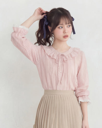 荷葉領綁帶燈籠袖長袖襯衫