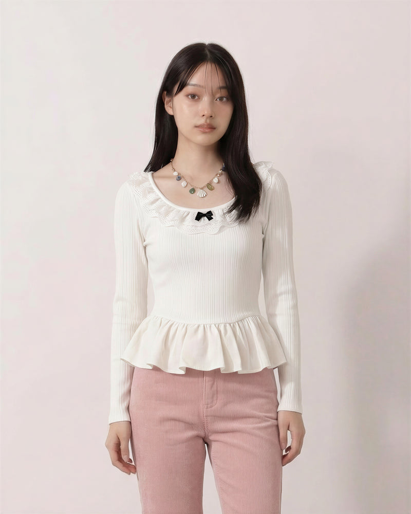 蕾絲方領蝴蝶結荷葉擺長袖T恤