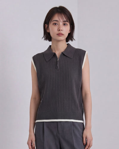 翻領半拉鍊羅紋無袖針織衫-煙灰色-均碼