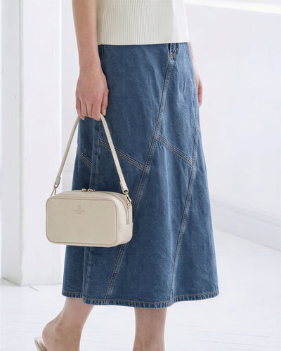 高腰拼接線A字傘擺牛仔中長裙