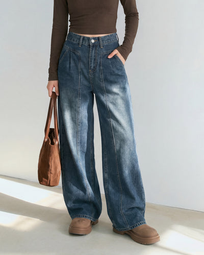 高腰打褶闊腿拖地牛仔褲