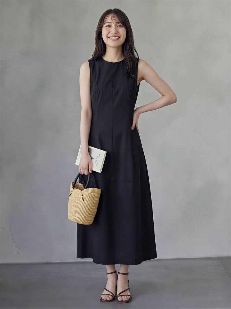 立體省道收腰A字大擺無袖洋裝-黑色-XL