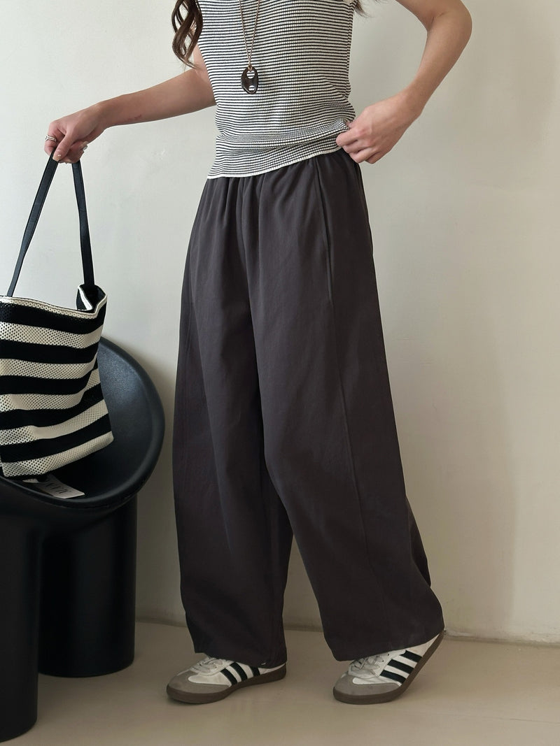 鬆緊高腰寬褲直筒休閒褲-煙灰色-XL