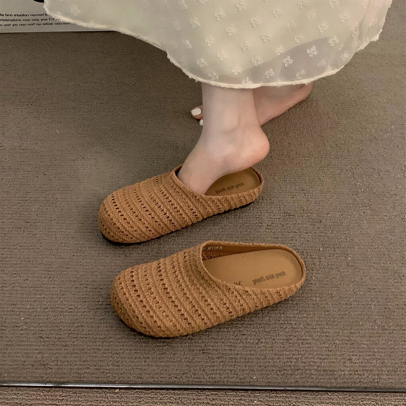 編織紋理 輕便包覆 包頭半拖鞋-棕色-40