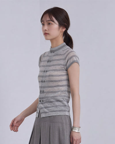 立領條紋排釦針織短袖
