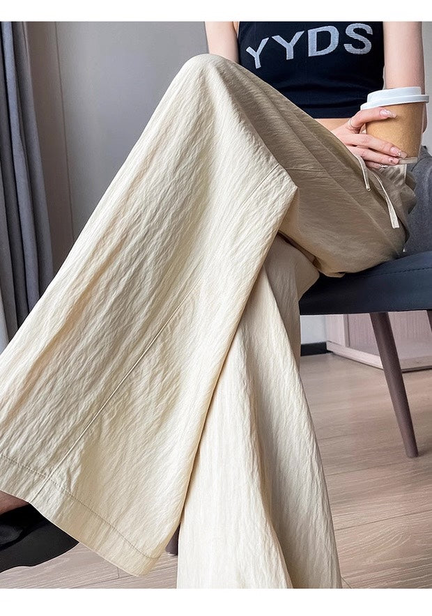 高腰抽繩鬆緊腰闊腿褲