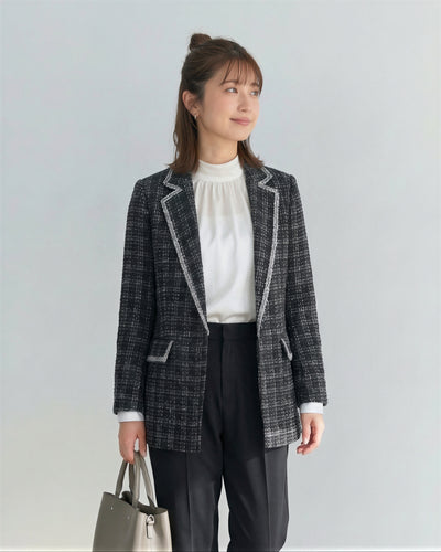 炭黑色粗花呢撞邊修身西裝外套