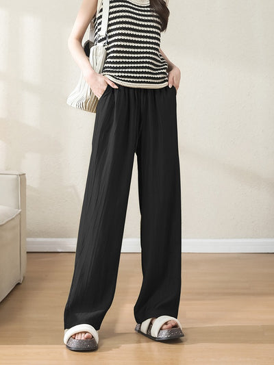 鬆緊高腰垂墜感闊腿休閒褲-黑色-2XL