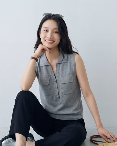 翻領V領開襟雙口袋無袖針織背心