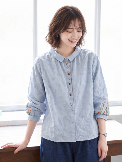 「3色」「秋季新品 」M-2XL 品質刺繡 全棉甄選 柔軟舒適 寬鬆小方領長袖襯衫