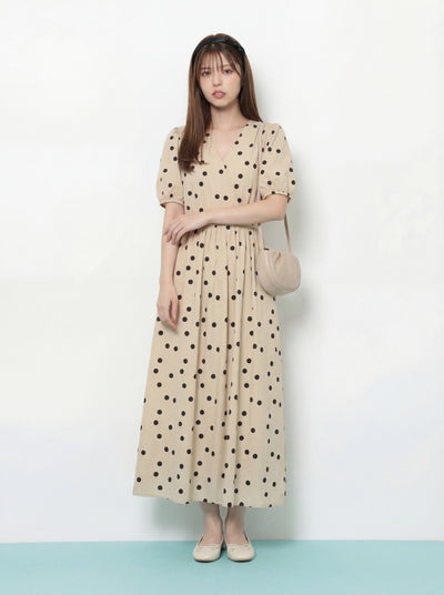 V領收腰抽繩綁帶泡泡袖波點洋裝-淺米色-2XL